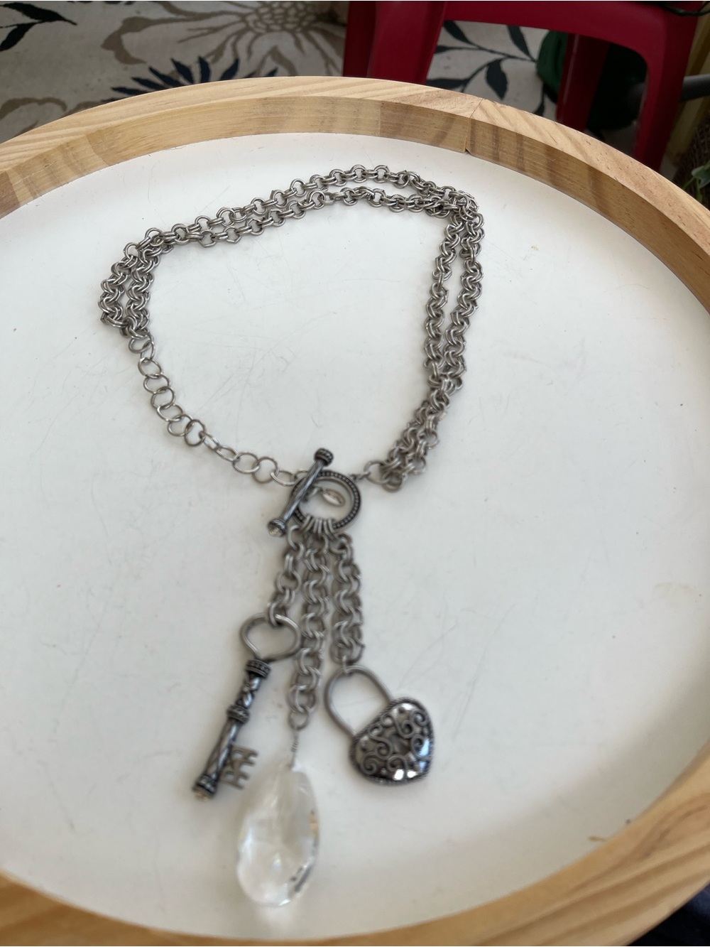 Chicos Silver-Tone Heart Lock & Key Charm Necklace with Crystal Drop